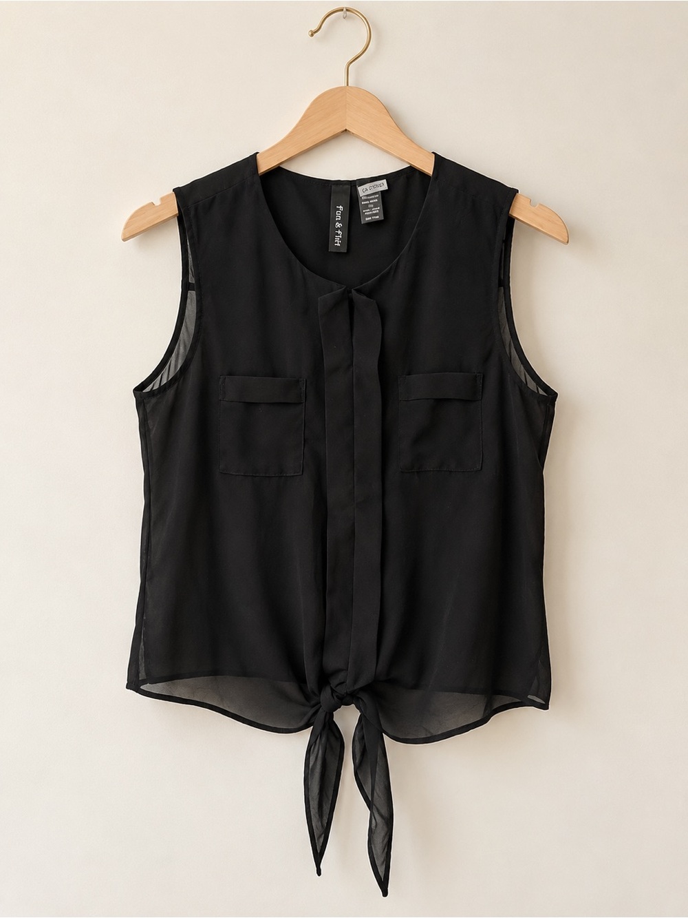 Fun & Flirt Women’s Black Sleeveless Tie-Front Sheer Blouse / Fall Fashion
